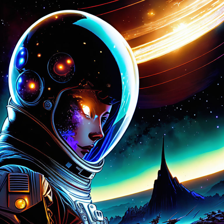 Astronaut with reflective helmet gazes at vibrant, ringed planet from celestial body