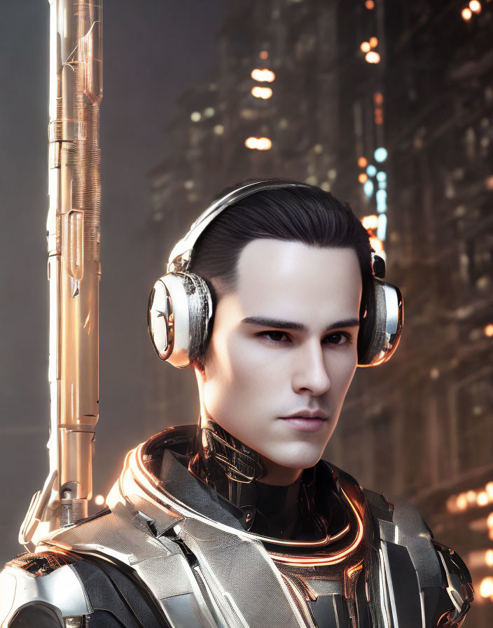 Futuristic individual in armored suit with headset against glowing circuitry.