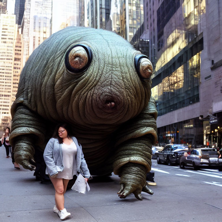 Woman walking past giant inflatable seal in city street with skyscrapers and cars.