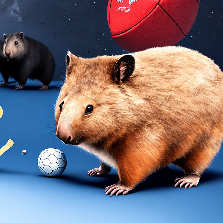 Giant hamster with sports balls on court with spotlights