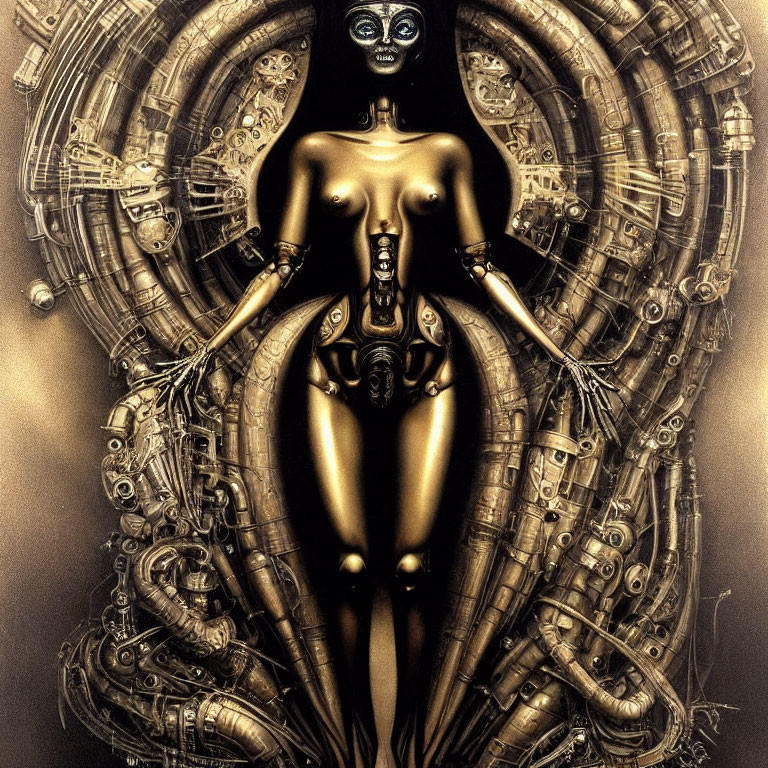 Metallic futuristic female figure surrounded by intricate mechanical details and circular shapes.