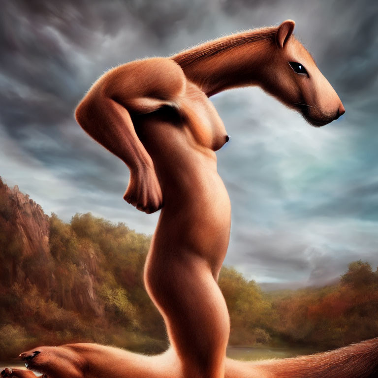 Surreal anthropomorphic horse illustration under dramatic sky