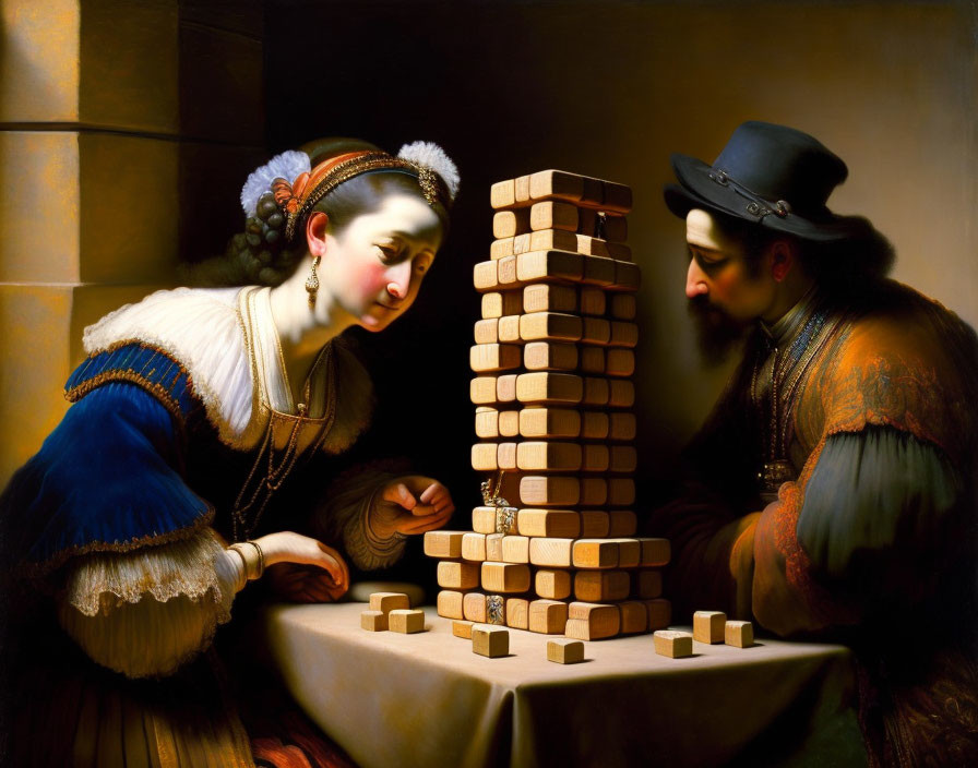 Renaissance-dressed man and woman playing giant Jenga