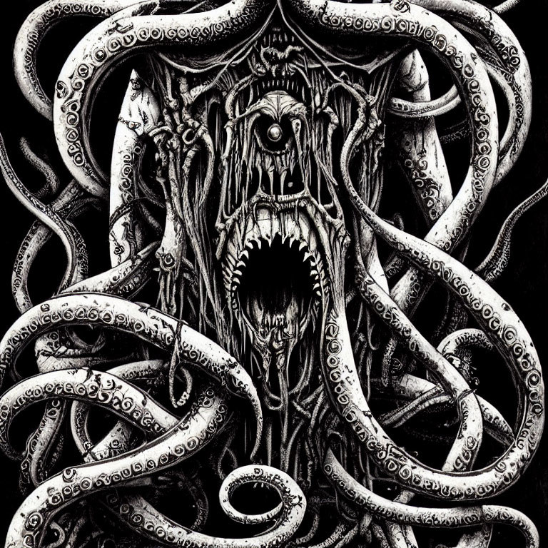 Detailed Monster Drawing with Tentacles, Eyes, and Menacing Mouth