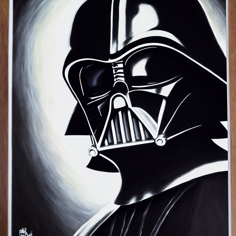 Monochrome artwork of Darth Vader's helmet and torso against swirling light background