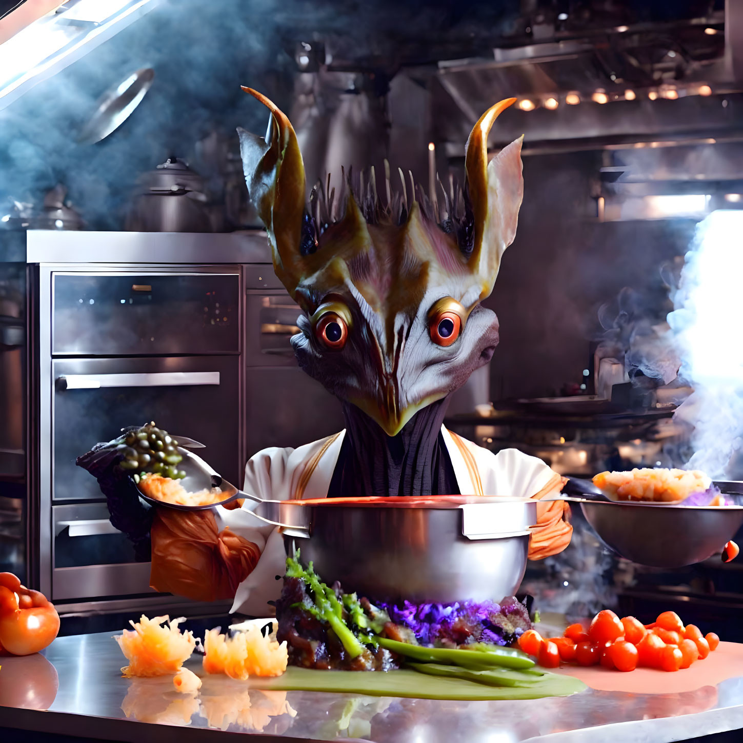 Alien chef with large eyes and pointy ears cooks in vegetable-filled kitchen