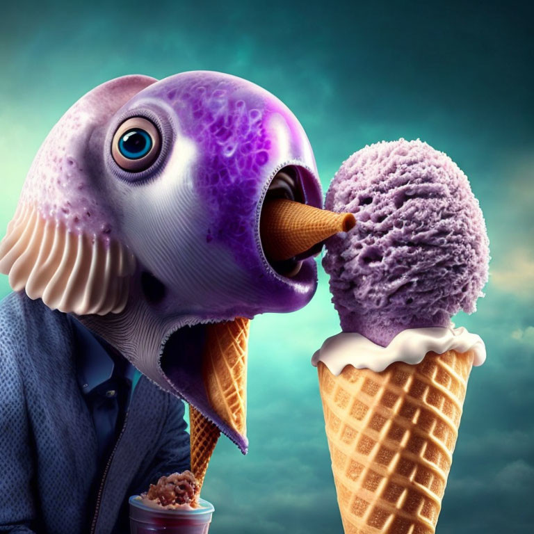 Cartoon fish with human body licking purple ice cream cone