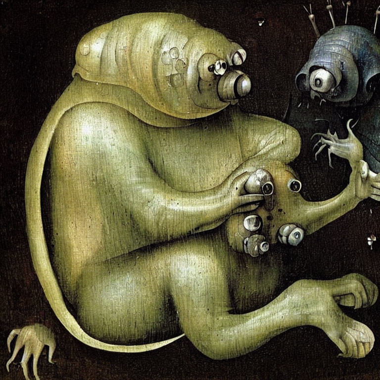 Grotesque creature with multiple eyes in dark painting