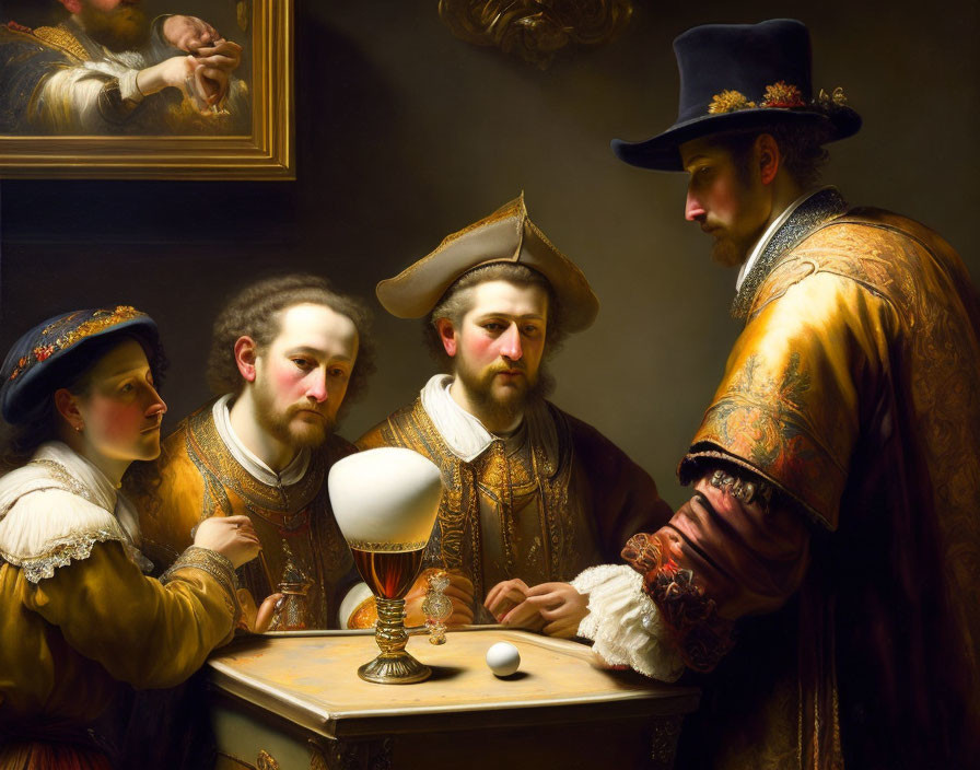 Historical period trio gazes at illuminated orb on table