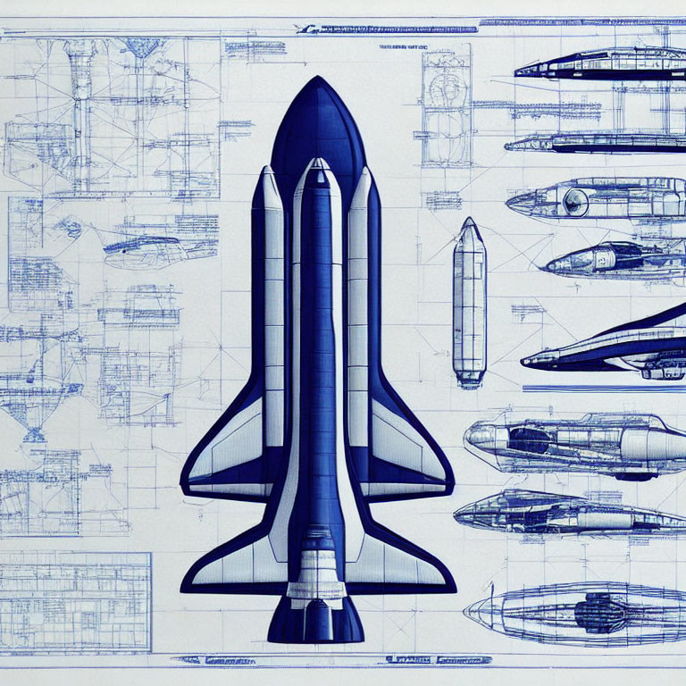 Detailed Blueprint of Space Shuttle with Multiple Views and Engineering Schematics on Blue Background