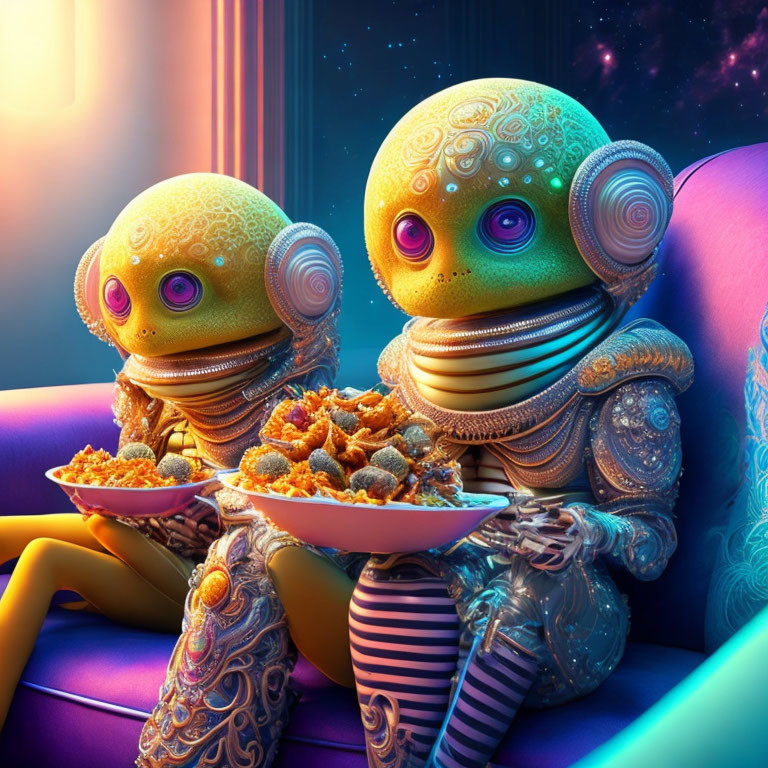 Colorful Robots Sharing Snacks Against Cosmic Background