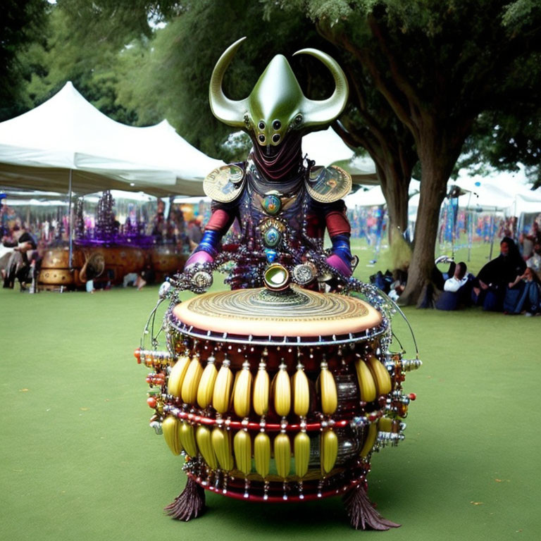 Detailed Alien Costume with Horns and Futuristic Armor at Outdoor Fair