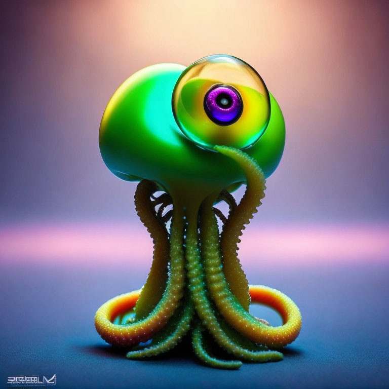 Colorful sculpture of creature with large eye and tentacles on purple background