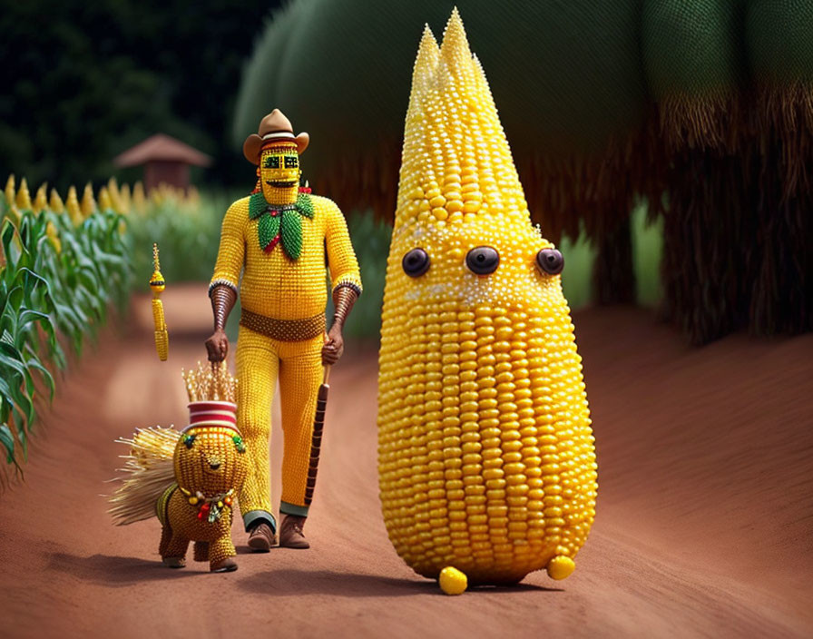 Family of anthropomorphic corn figures walking in a cornfield