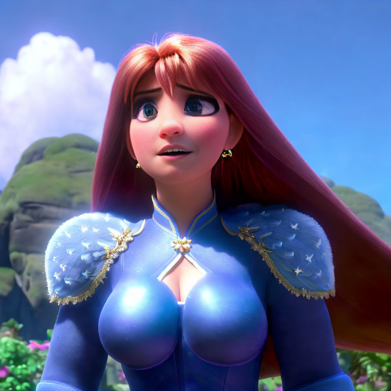 Red-haired female character in blue and gold armor against scenic backdrop