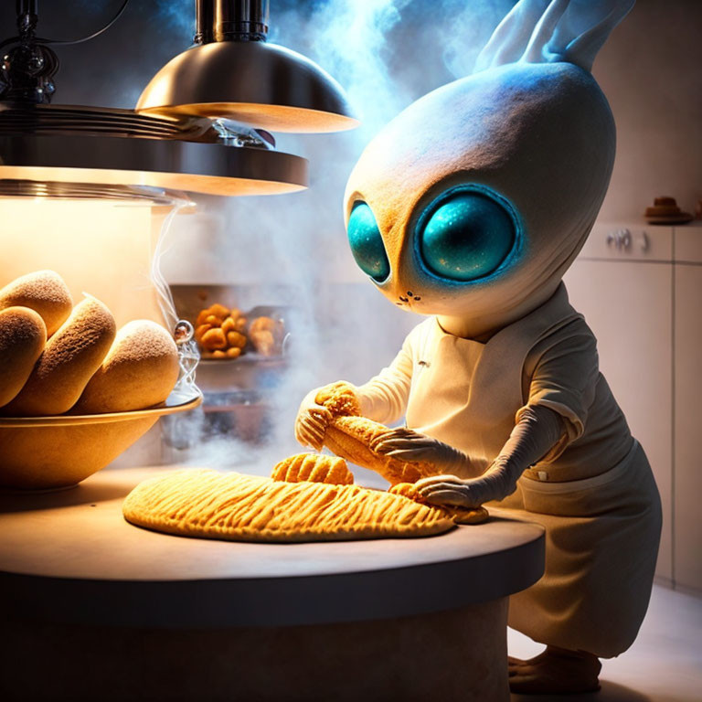 Animated creature slicing bread in cozy kitchen setting