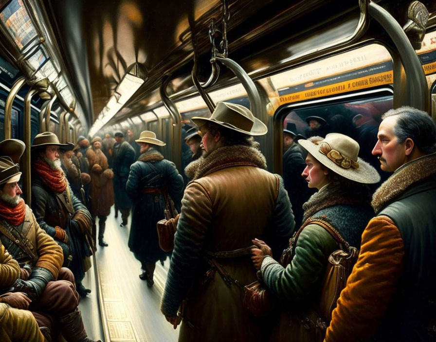 Vintage subway car with early 20th-century passengers in conversation or contemplation