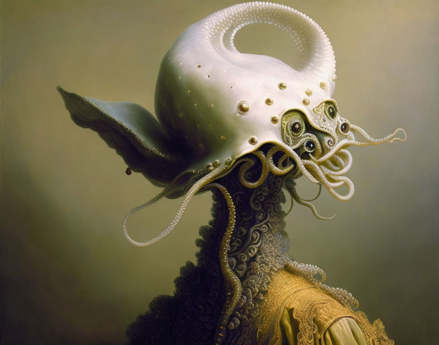 Surreal portrait: Octopus head on humanoid body in golden robe