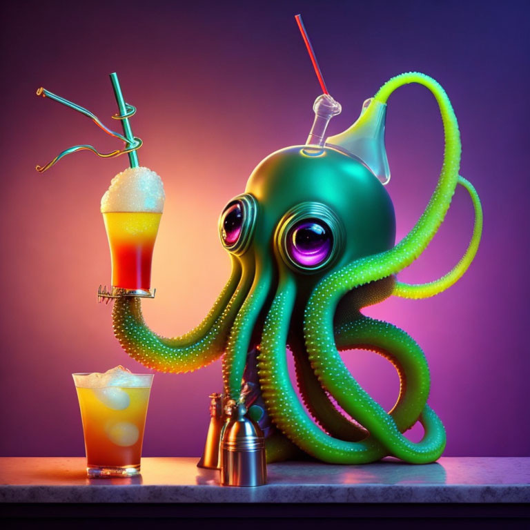 Colorful Octopus Holding Cocktails on Gradient Background