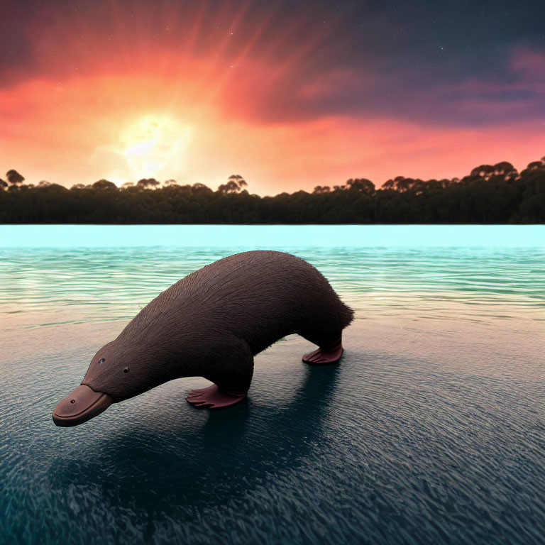 Surreal digital artwork of platypus on water at sunset