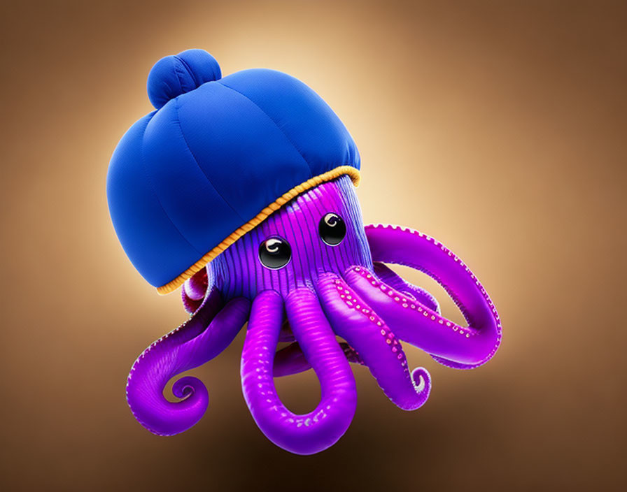 Purple Octopus Animation Wearing Blue Beanie on Brown Background