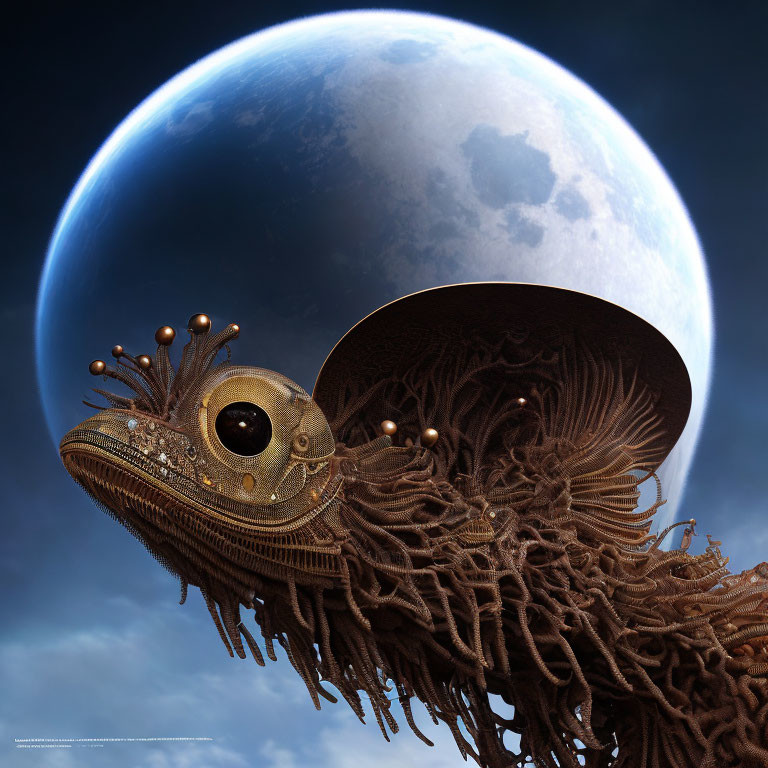 Steampunk-style creature with mechanical eye and textured tentacles under oversized moon