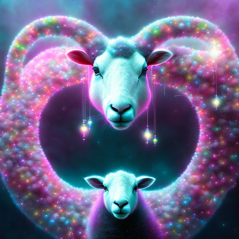 Vibrant surreal sheep faces in cosmic setting