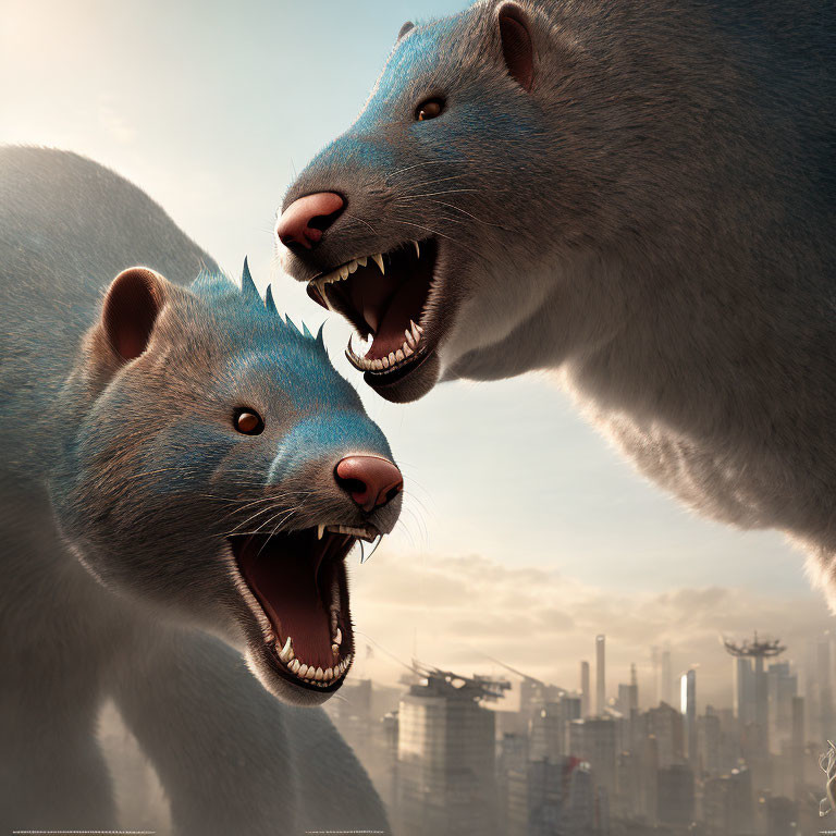 Stylized blue bears growling in city skyline scene