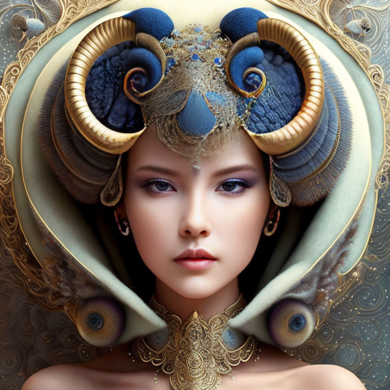 Elaborate fantasy portrait with gold and blue ram horn headgear and peacock feathers