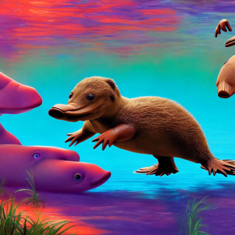 Smiling platypus swims with pink dolphins in colorful sunset scene