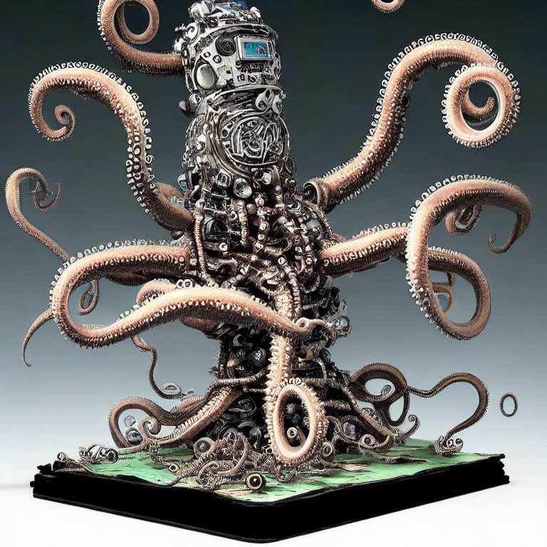 Intricate Mechanical Octopus Sculpture on Green Circuit Board Base