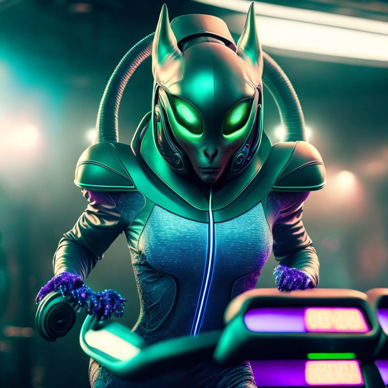 Futuristic alien-like figure with glowing green eyes and sleek armor holding neon-accented handlebars