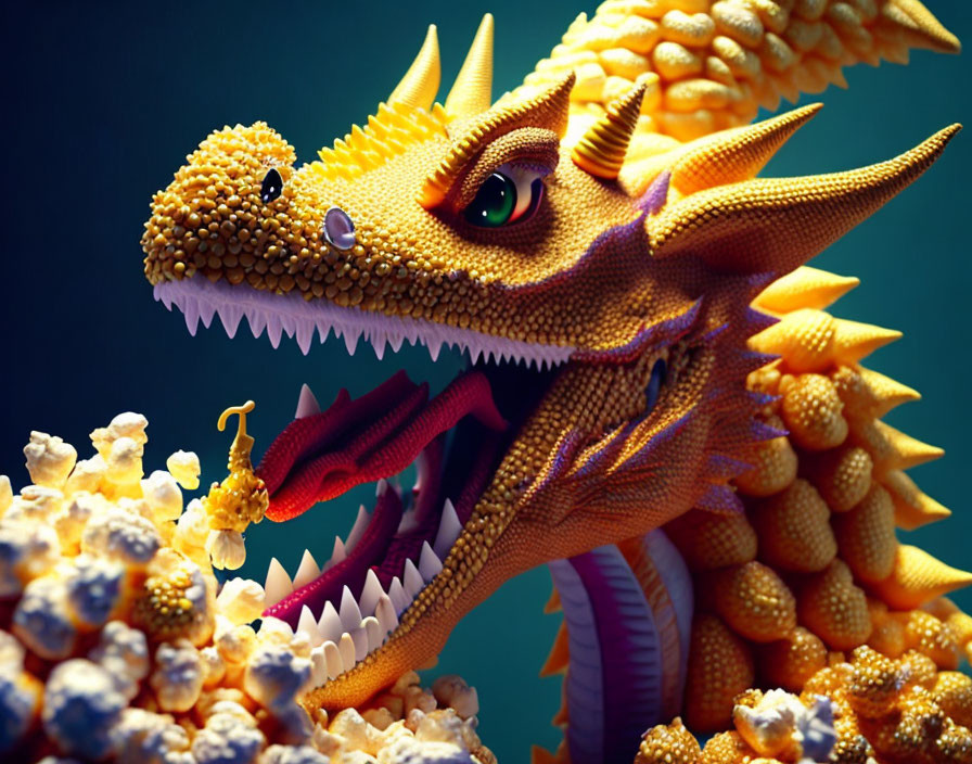 Detailed Fantasy Dragon Illustration with Orange Scales and Green Eyes Smiling at Popcorn