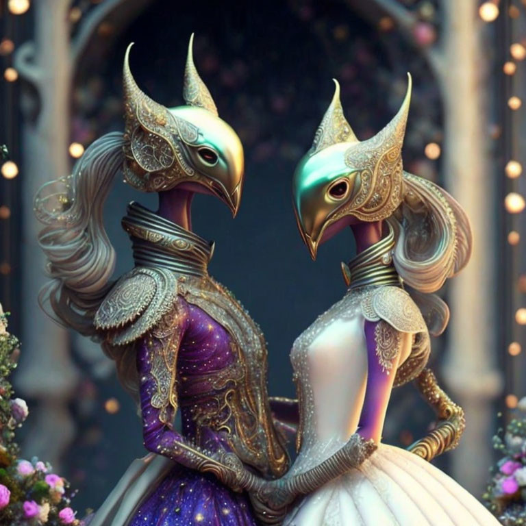 Ornate masquerade attire on elegant bird-like creatures in fairy-tale setting