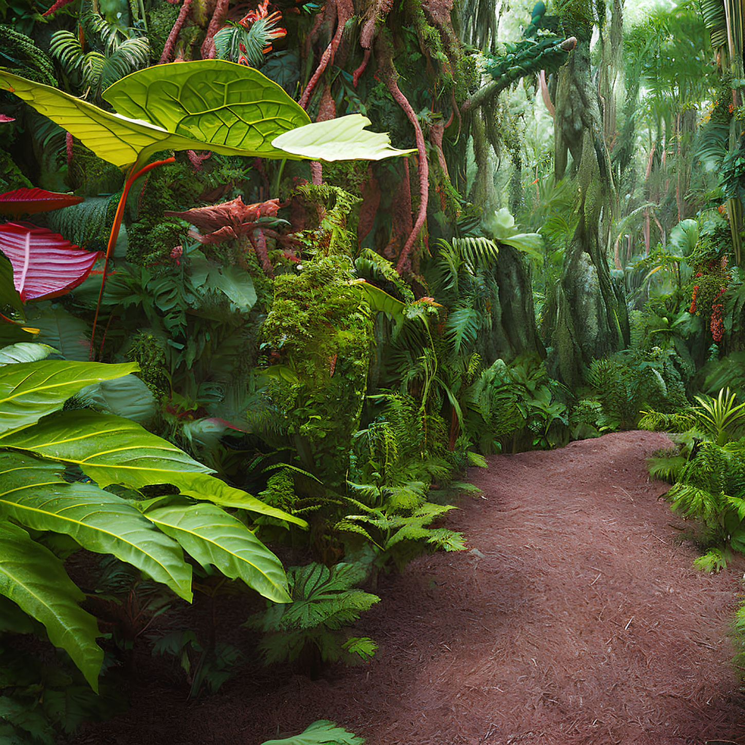 Lush green forest with narrow dirt path and dense vegetation