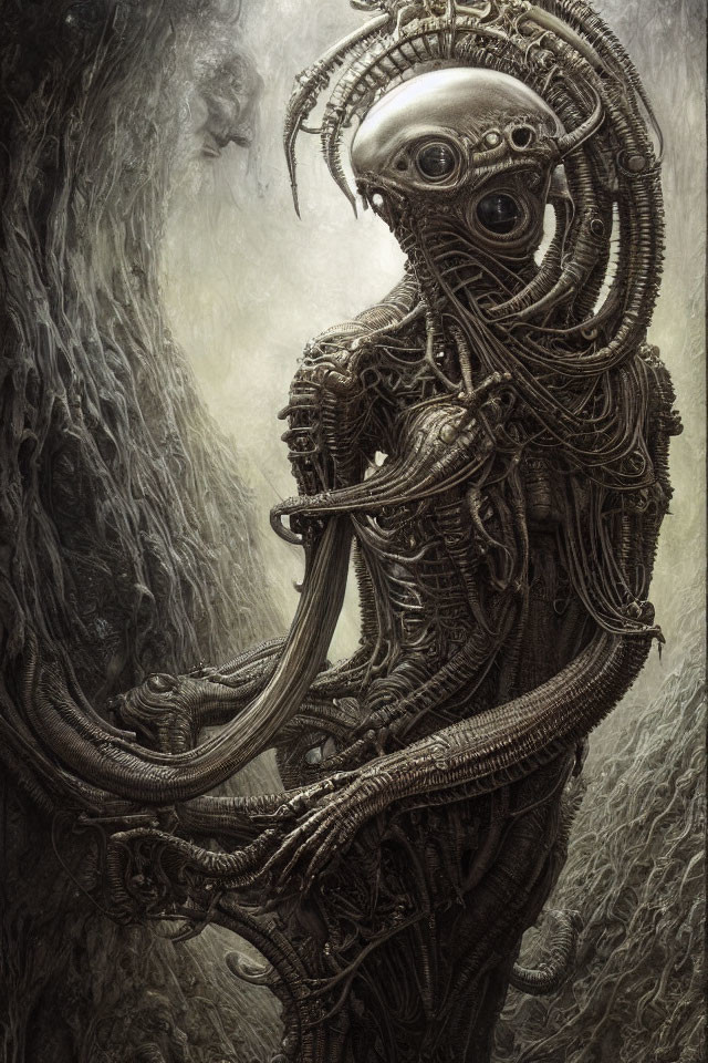 Detailed Biomechanical Humanoid Drawing with Helmet-like Head
