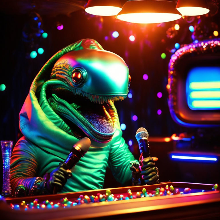 Vibrant anthropomorphic dinosaur DJ in neon-lit club setting