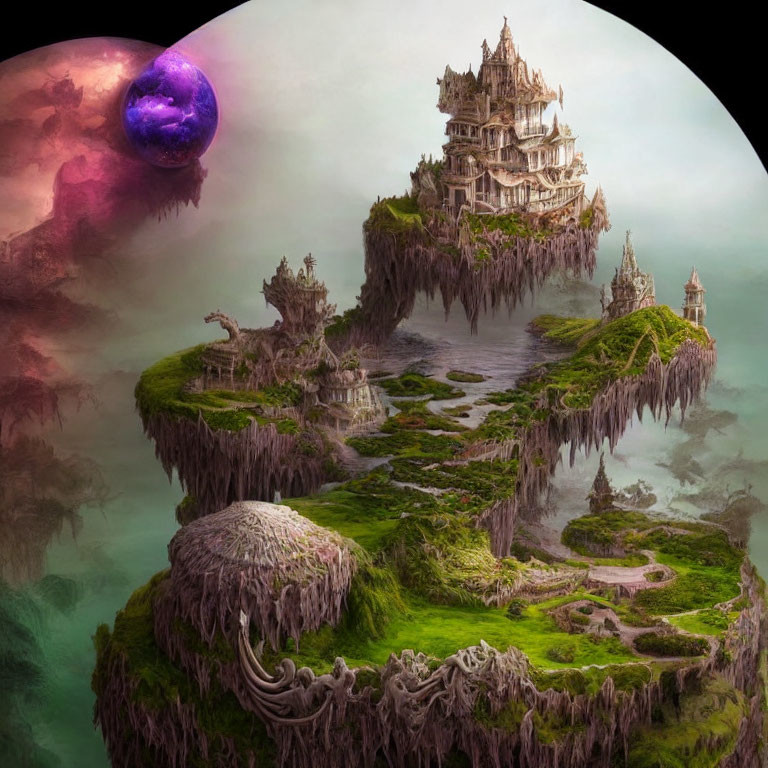 Fantasy islands with lush greenery, castles, purple planet, and colorful clouds