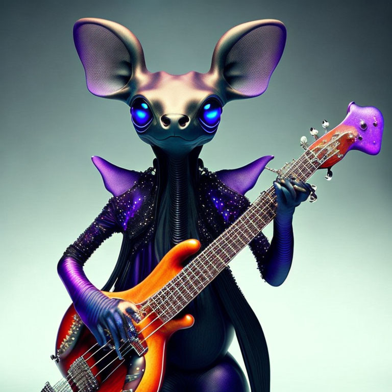 Animated alien playing orange bass guitar in black outfit with purple sparkles