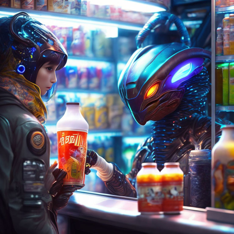 Futuristic person gives orange drink to glowing-eyed alien in neon-lit store