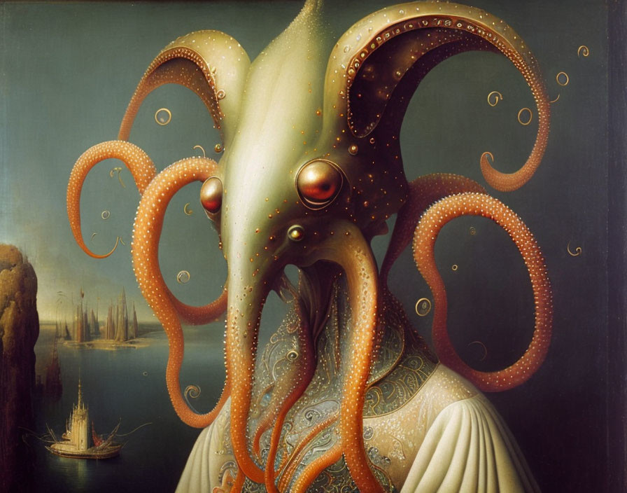 Surreal octopus-headed figure with ships in the background