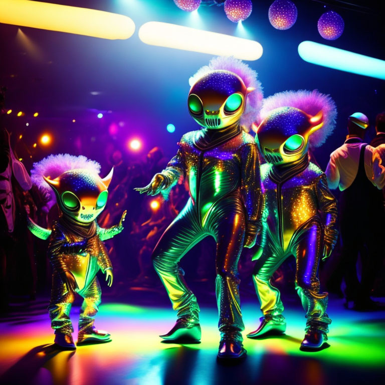 Vibrant alien costumes with luminous masks dancing under neon lights