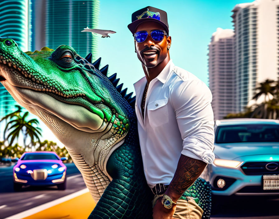 Confident man with sunglasses and cap posing with green animated alligator on sunny city street