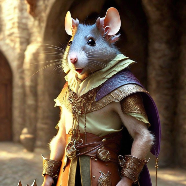 Medieval-themed anthropomorphic rat in armor and cloak inside castle setting