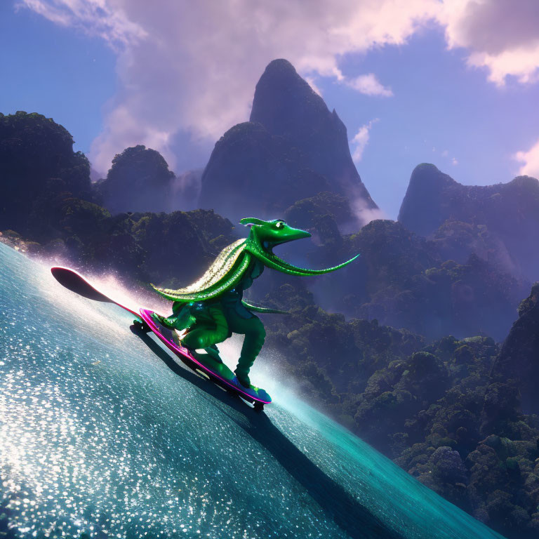 Stylized green dragon surfing on glistening wave with tropical mountains.