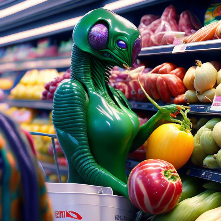 Green-skinned alien with pepper shops in vibrant grocery store