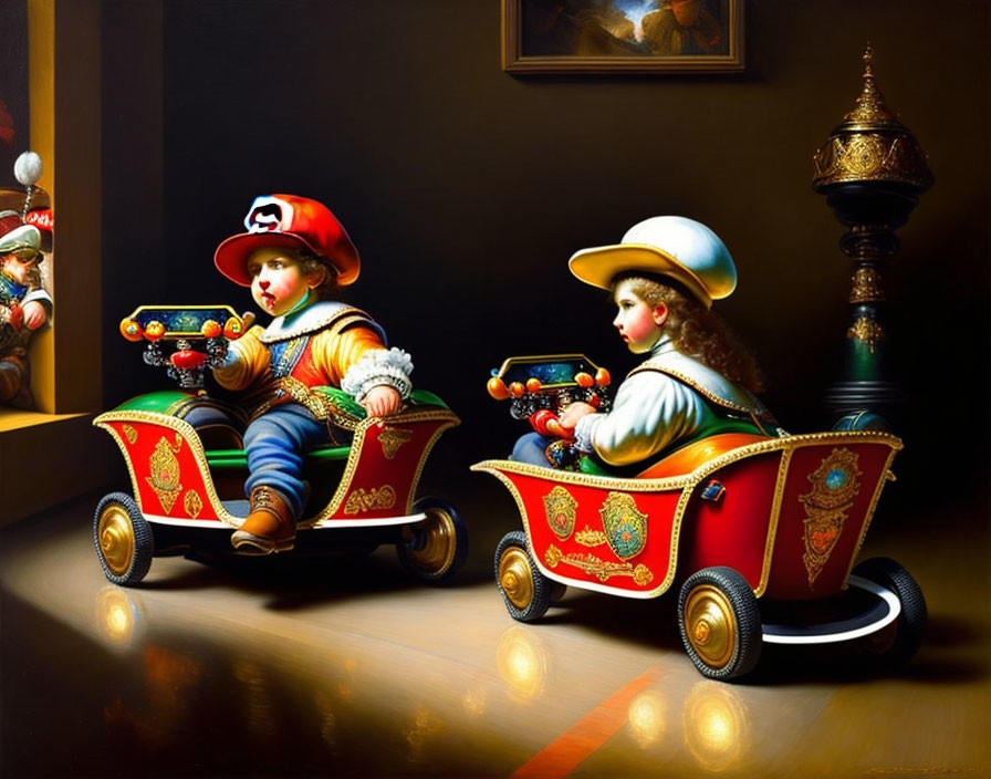 Vintage-style toy-like figurines of children in elaborate outfits racing colorful pedal cars on reflective surface