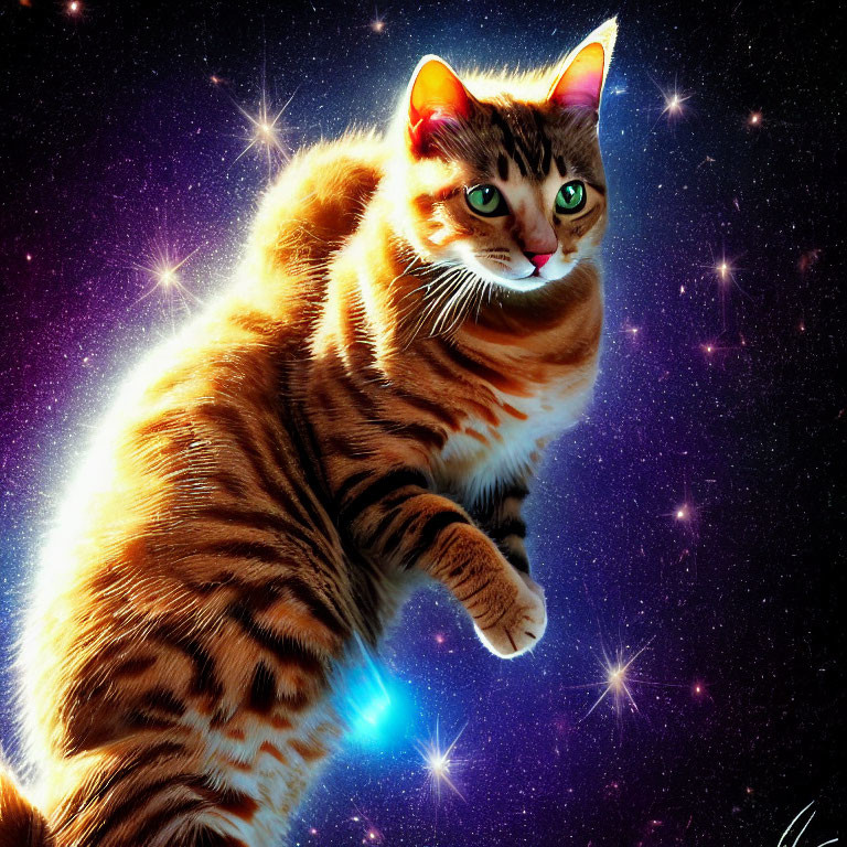 Tabby cat on cosmic starry background: A captivating fusion.