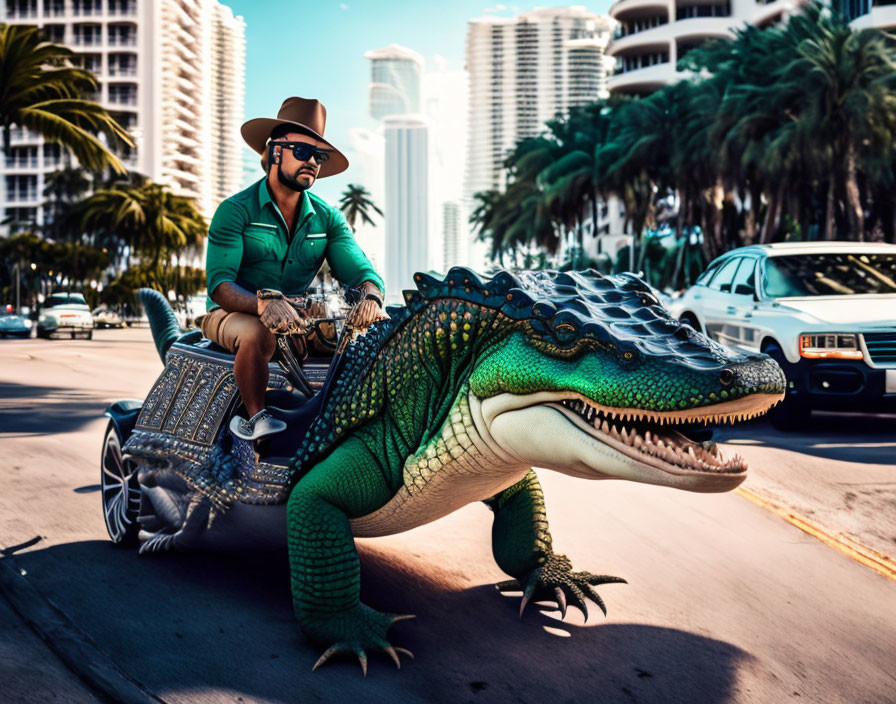 Man in cowboy hat rides alligator on sunny street