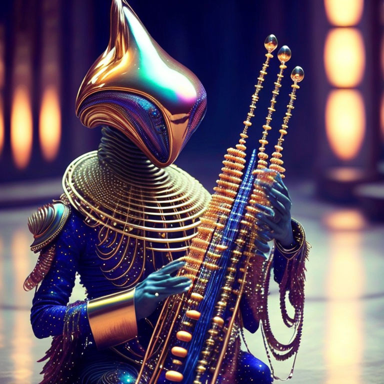 Futuristic figure in golden mask playing stringed instrument on warm-lit background